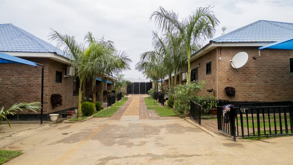 Palm-lined pathway between apartments